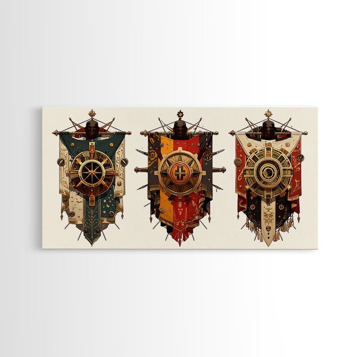 Three Ornate African Shield Banners Wall Art, Tribal Mask Canvas Print, Geometric Cultural Decor, Statement Wall Piece Gift
