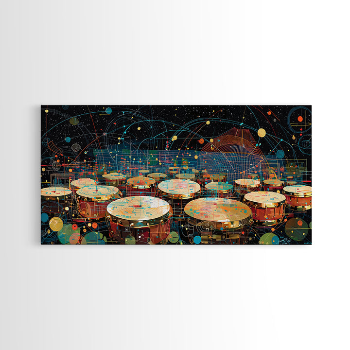 Futuristic Afro Drums Under Cosmic Orbits Canvas Print, Modern African Art, Music Room Decor, Afrofuturism Decor, Bold Art