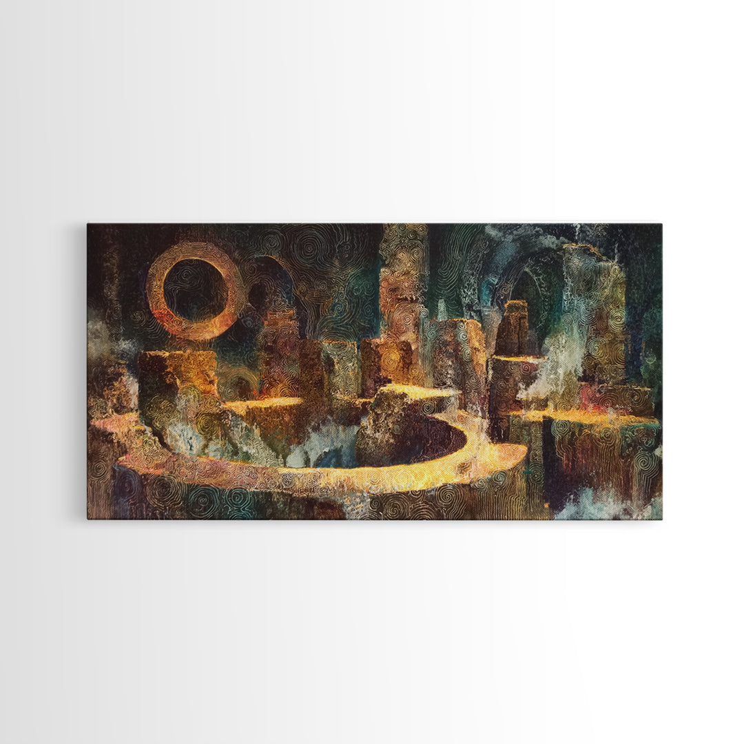 Mystic Ancient City With Golden Path Framed Canvas Print, African Abstract Art, Spiritual Wall Decor, Luxury Canvas Art Print
