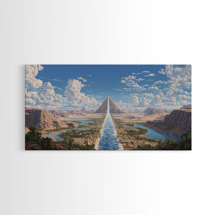 Sunlit Pyramids And River Oasis Canvas Print, African Egyptian Art, Landscape Wall Art, Travel Poster, Elegant Home Decor