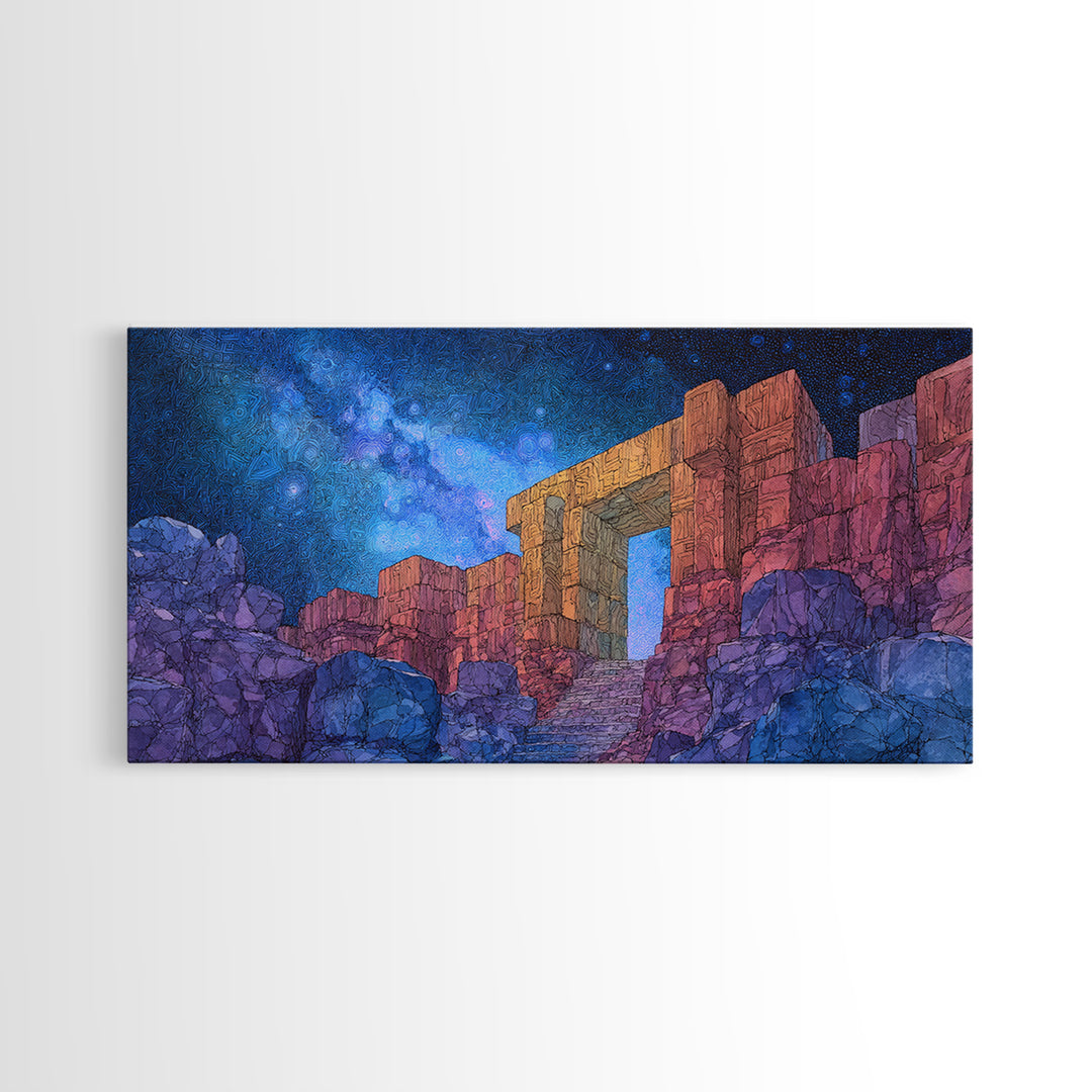 Ancient Desert Ruins Under Starry Blue Sky Wall Art, Mystical Temple Landscape, Boho Home Decor, Fantasy Travel Poster Print