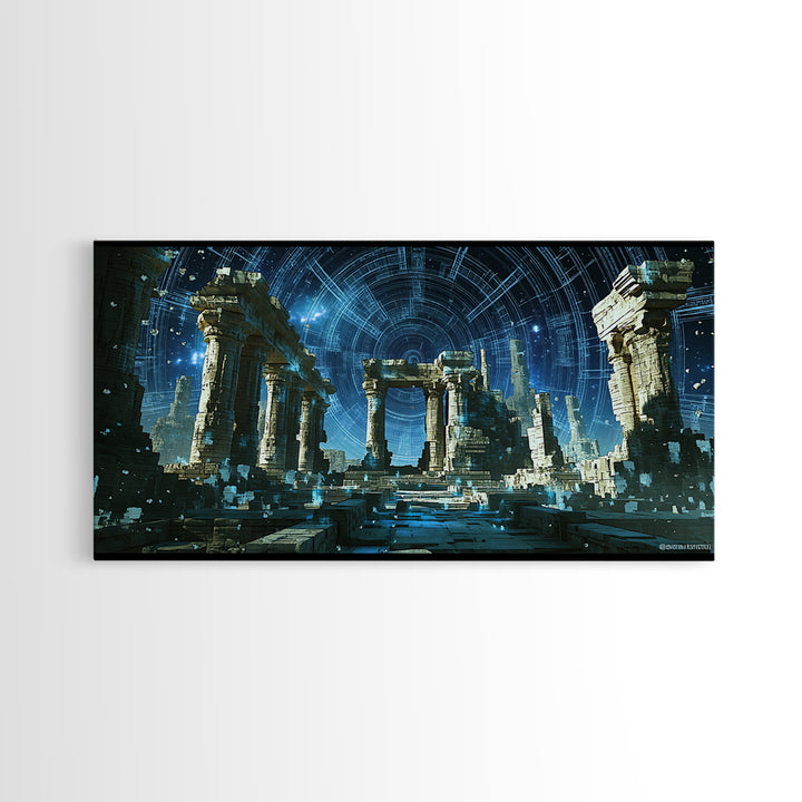 Glowing Futuristic Temple Columns In Blue Starlight Canvas Print, Sci Fi Ruins Wall Art, Modern Fantasy Home Decor, Celestial Poster