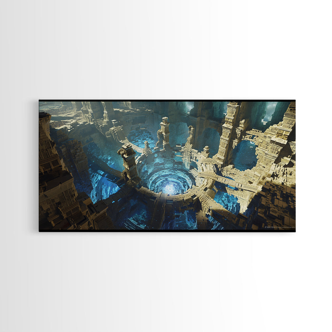 Vast Circular Ancient City With Blue Abyss Framed Canvas Print, Futuristic Ruins Wall Art, Luxury Fantasy Home Decor, Sci Fi Architecture
