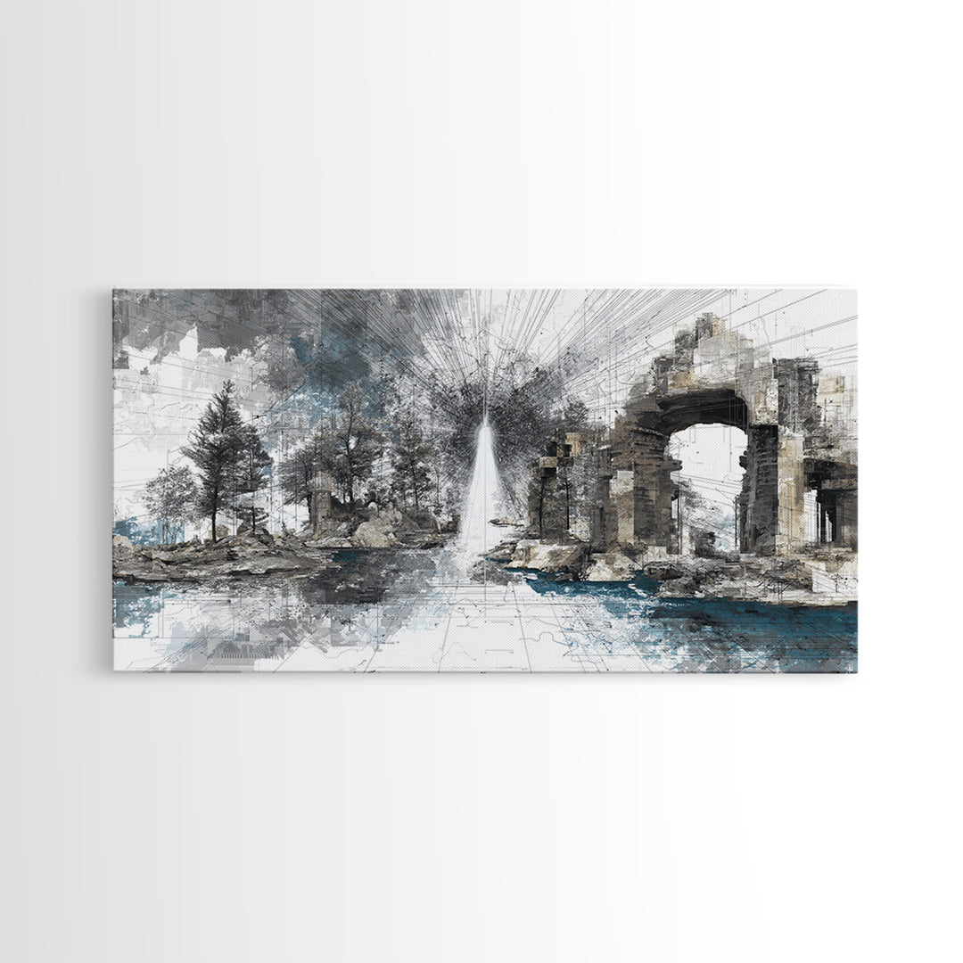 White Fountain Light Beside Ruined Stone Arch Wall Art, Minimalist Landscape, Black And White Office Decor Canvas Print Poster