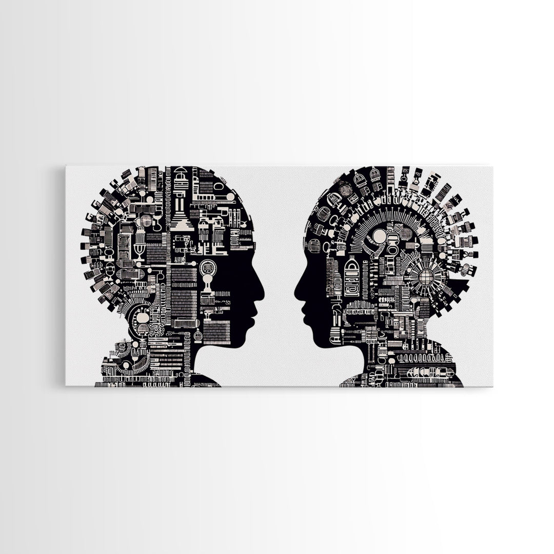 Black And White Profile Faces With Mechanical City Patterns Wall Art, Geometric Portrait Canvas Print, Modern Office Decor