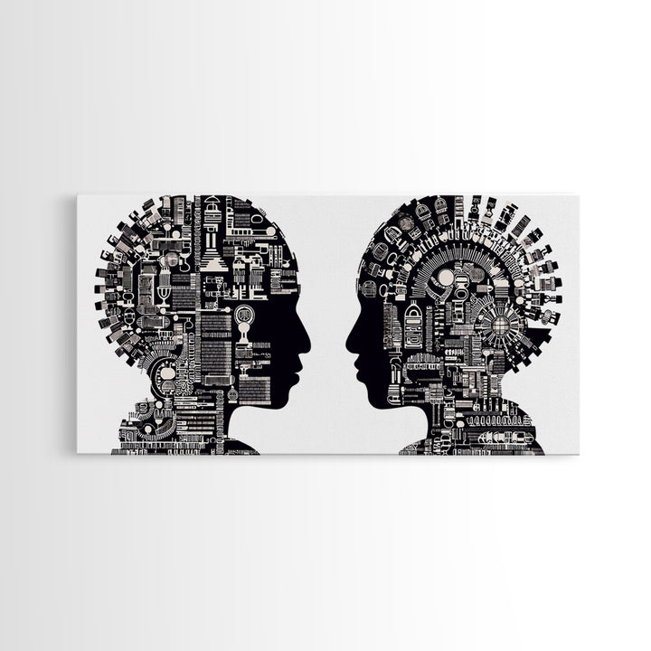 Black And White Profile Faces With Mechanical City Patterns Wall Art, Geometric Portrait Canvas Print, Modern Office Decor