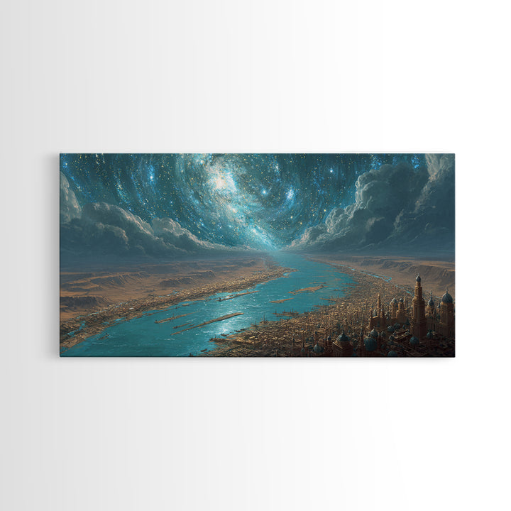 Cosmic Nile River City Under Swirling Galaxy Wall Art, Egyptian Inspired Landscape Canvas Print, Luxury Home Decor Poster