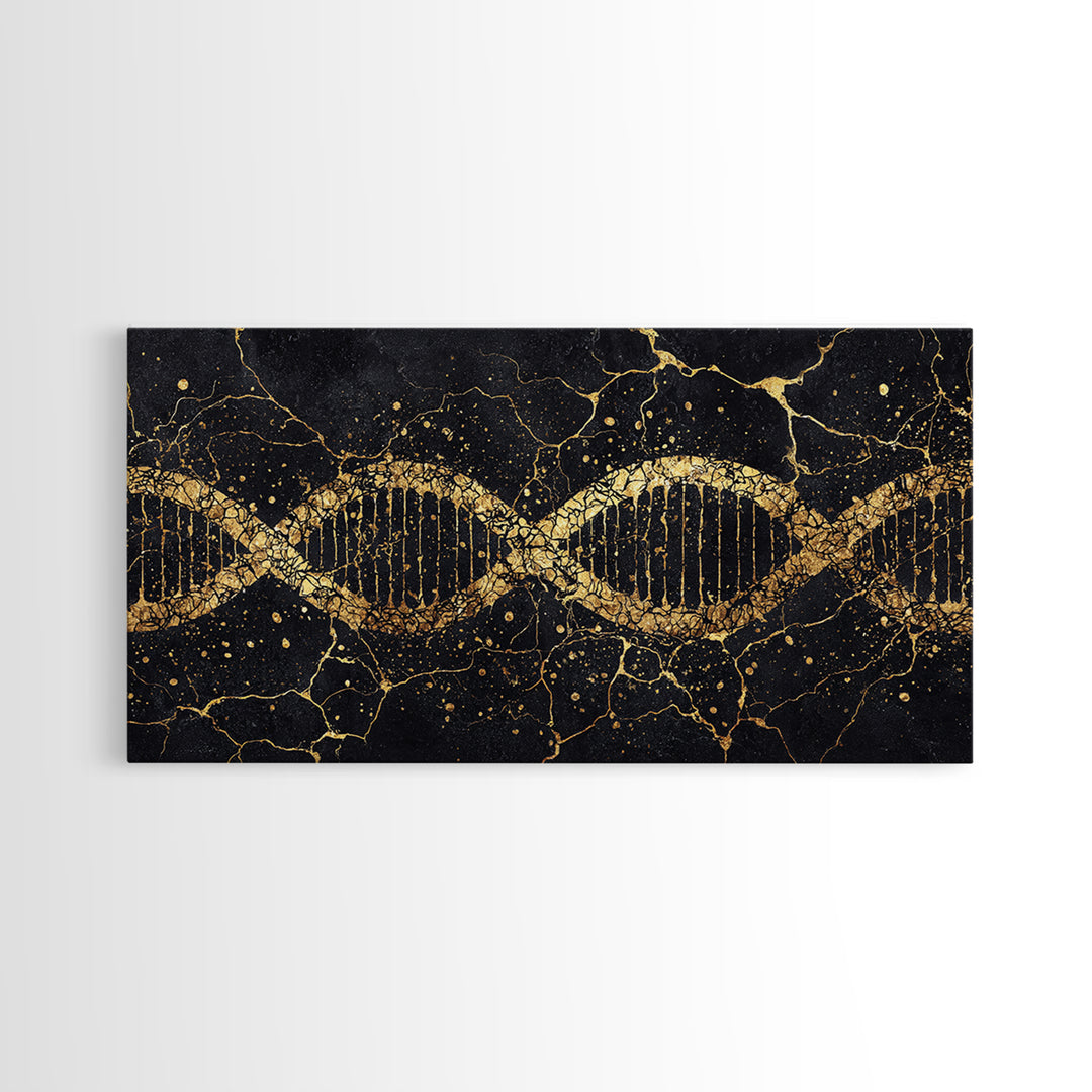 Gold DNA Helix On Black Marble Canvas Print, Science Inspired Abstract Wall Art, Modern Biology Decor, Luxury Office Artwork