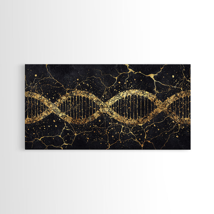 Gold DNA Helix On Black Marble Canvas Print, Science Inspired Abstract Wall Art, Modern Biology Decor, Luxury Office Artwork