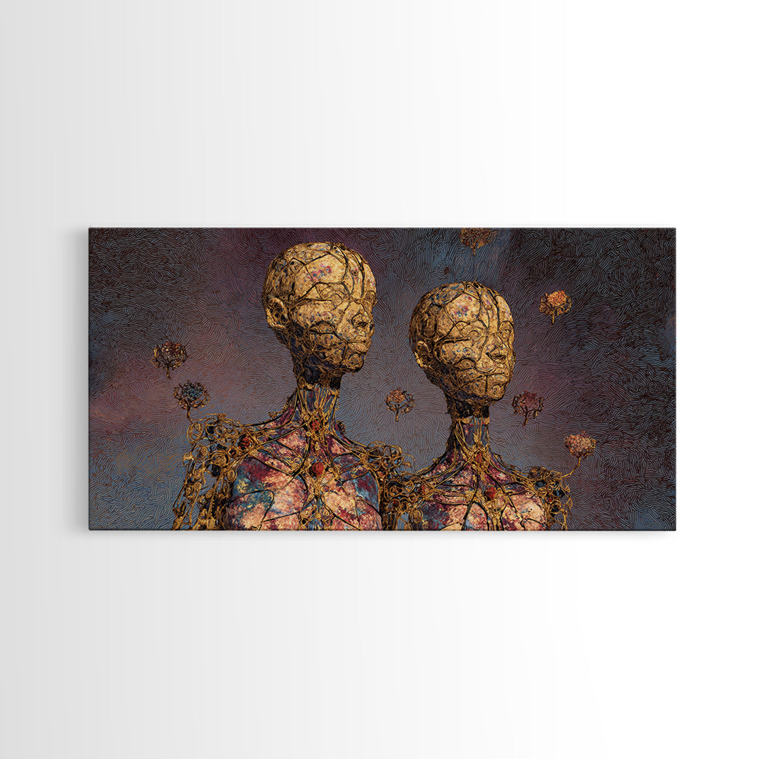 Golden Twin Figures With Floral Orbs Framed Canvas Print, Afrofuturism Decor, Abstract Portrait Wall Art, Luxury Home Decor