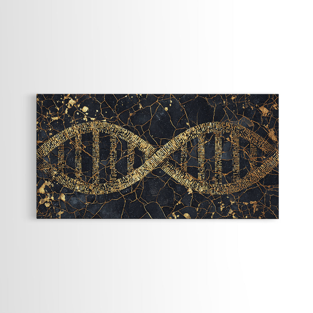 Ancient Gold DNA Strand Canvas Print, Black Marble Science Wall Art, Abstract Biology Decor, Luxury Modern Office Artwork