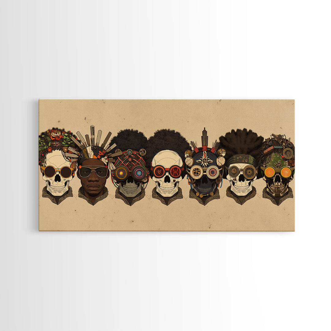 African Skull Lineup With Tribal Headdresses Wall Art, Afrocentric Decor, Cultural Artwork, Bold Canvas Print For Eclectic Home Decor
