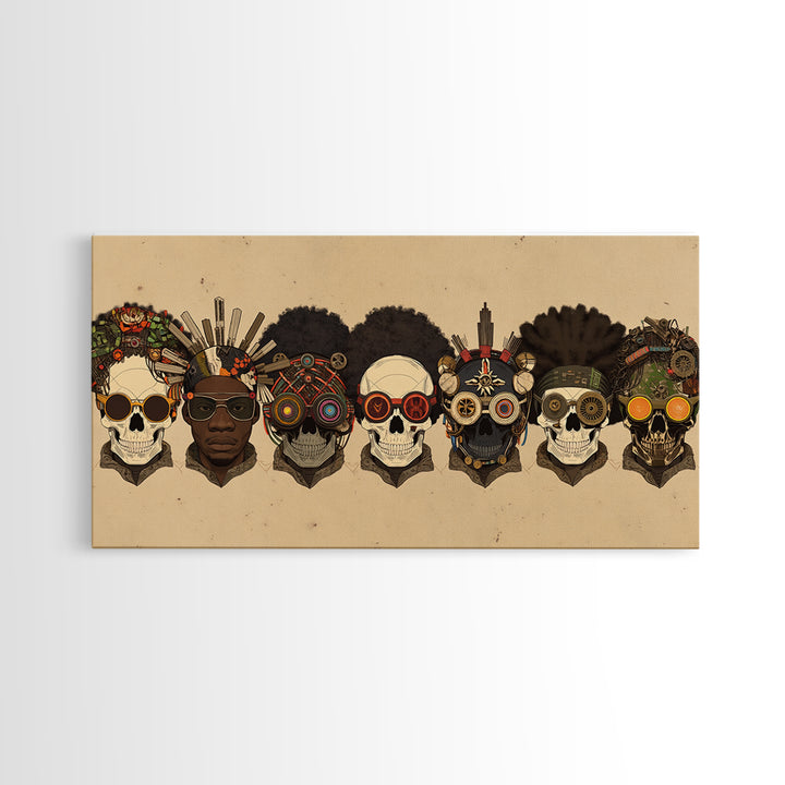 African Skull Lineup With Tribal Headdresses Wall Art, Afrocentric Decor, Cultural Artwork, Bold Canvas Print For Eclectic Home Decor