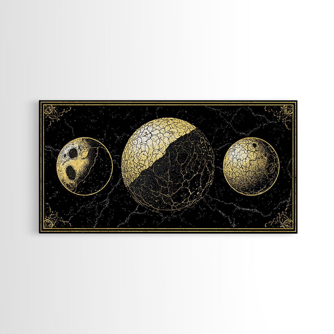 Gold Moon Phase Triptych Wall Art, Black Celestial Canvas Print, Lunar Astronomy Decor, Mystical Black And Gold Home Decor Gift