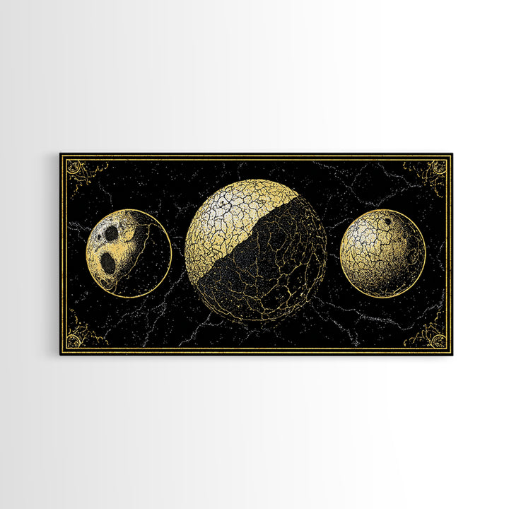Gold Moon Phase Triptych Wall Art, Black Celestial Canvas Print, Lunar Astronomy Decor, Mystical Black And Gold Home Decor Gift