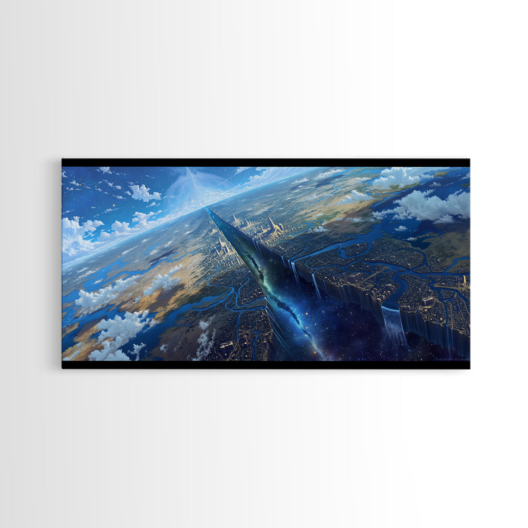Futuristic Sky Spire Over Earth City Wall Art, Blue Sci Fi Landscape, Modern Canvas Art, Office Decor, Statement Wall Decor