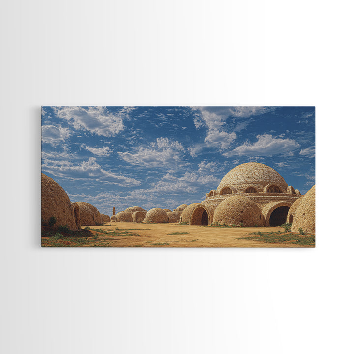 Sunlit Desert Dome Village Canvas Print, Earth Tone Wall Art, African Inspired Architecture, Boho Home Decor, Unique Wall Decor