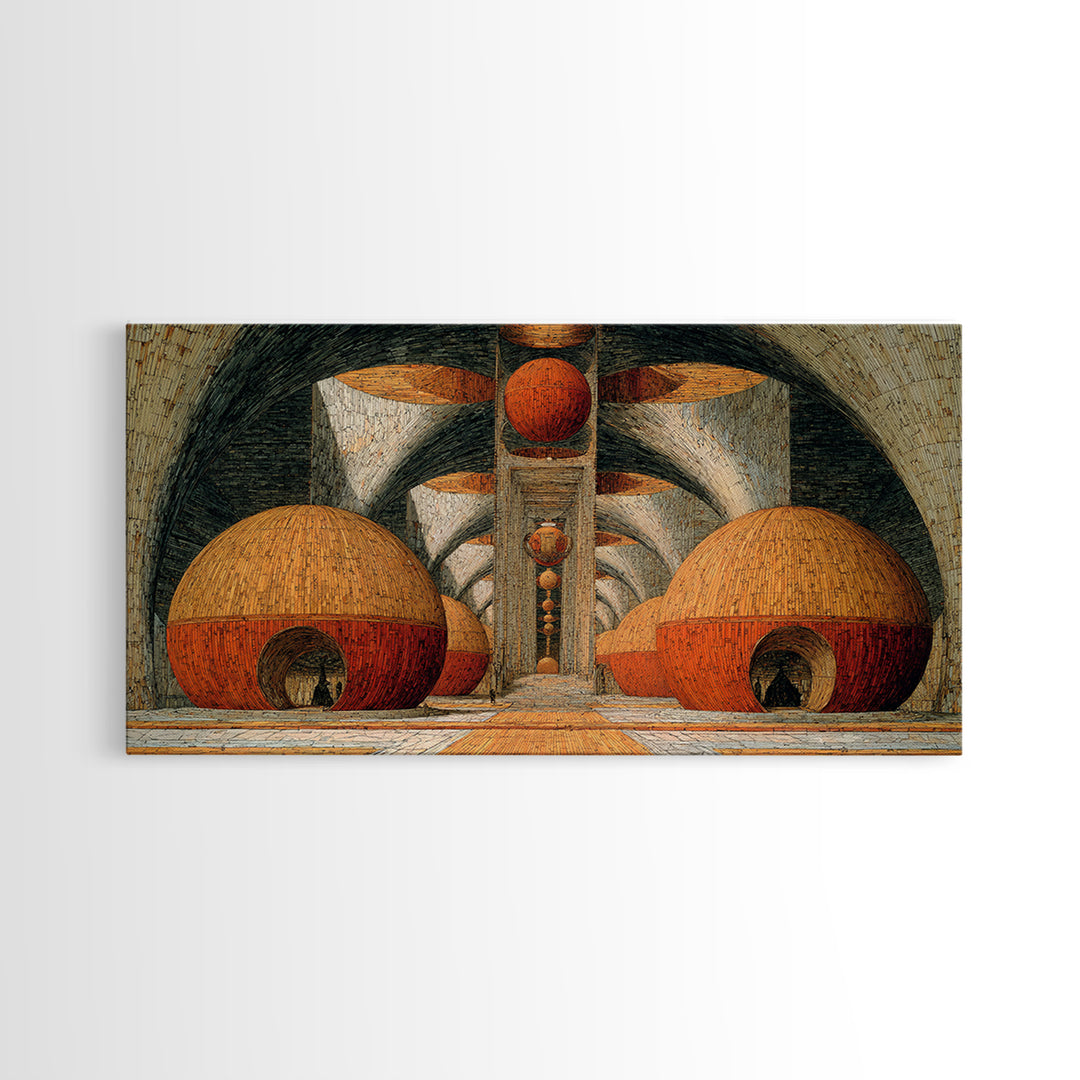 Abstract Orange Domes In Arched Hall Framed Canvas Print, Modern African Art Abstract, Geometric Wall Art, Bold Home Decor