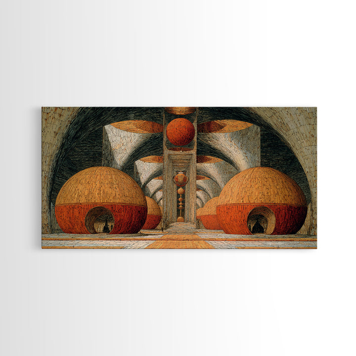 Abstract Orange Domes In Arched Hall Framed Canvas Print, Modern African Art Abstract, Geometric Wall Art, Bold Home Decor