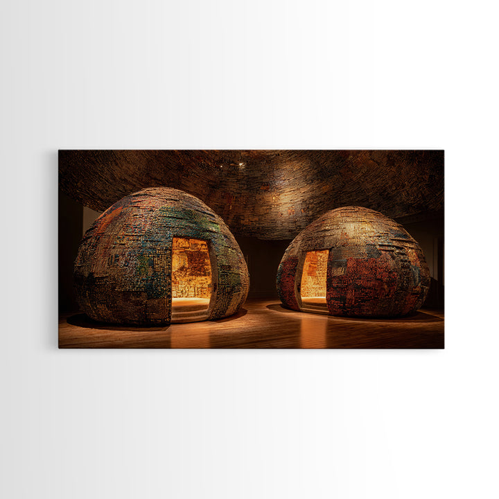 Glowing Woven Dome Huts Framed Canvas Print, Warm Earth Tone Wall Art, African Home Decor, Rustic Decor, Statement Piece