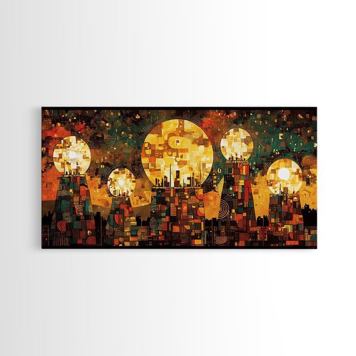 Golden Sun Mosaic City Wall Art, Abstract African Art Decor, Teal And Orange Canvas Print, Cultural Wall Art, Vibrant Decor
