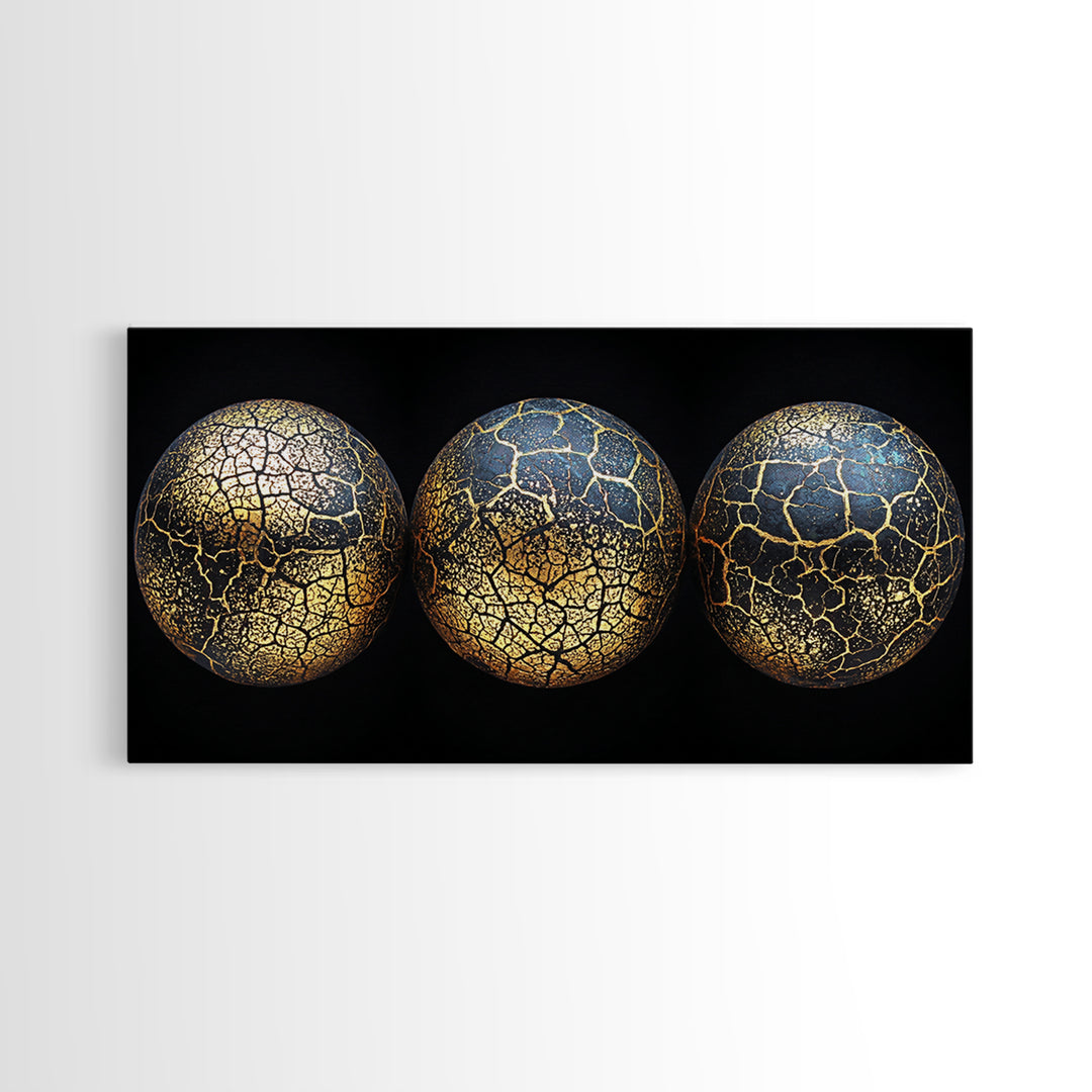 Three Cracked Gold Blue Planets Canvas Print, Celestial Abstract Wall Art, Black And Gold Art, Luxury Canvas Art, Office Decor
