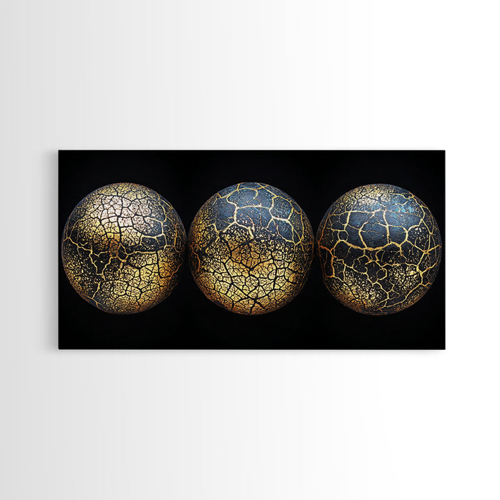 Three Cracked Gold Blue Planets Canvas Print, Celestial Abstract Wall Art, Black And Gold Art, Luxury Canvas Art, Office Decor