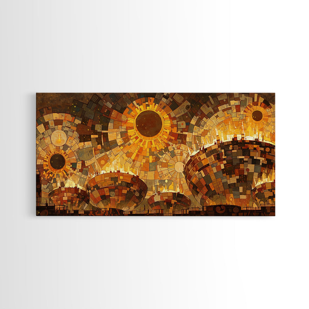 Radiant Golden Suns Over Dome City Wall Art, Abstract African Art Print, Burnt Orange Art, Modern Canvas Art, Bold Wall Decor