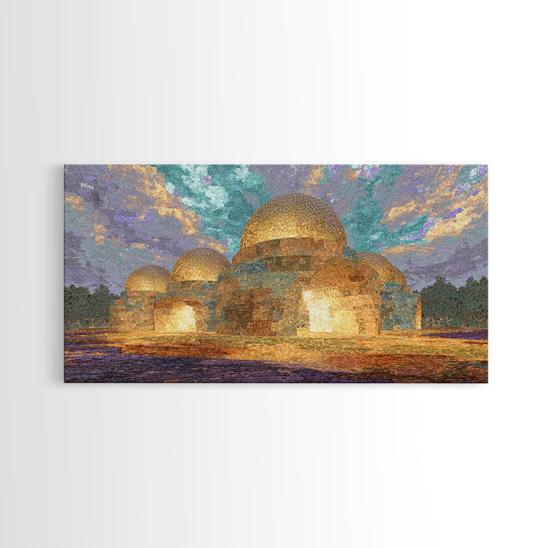 Glowing Golden Dome Palace Canvas Print, Dreamy Wall Art, African Inspired Architecture, Teal And Gold Decor, Elegant Home Art