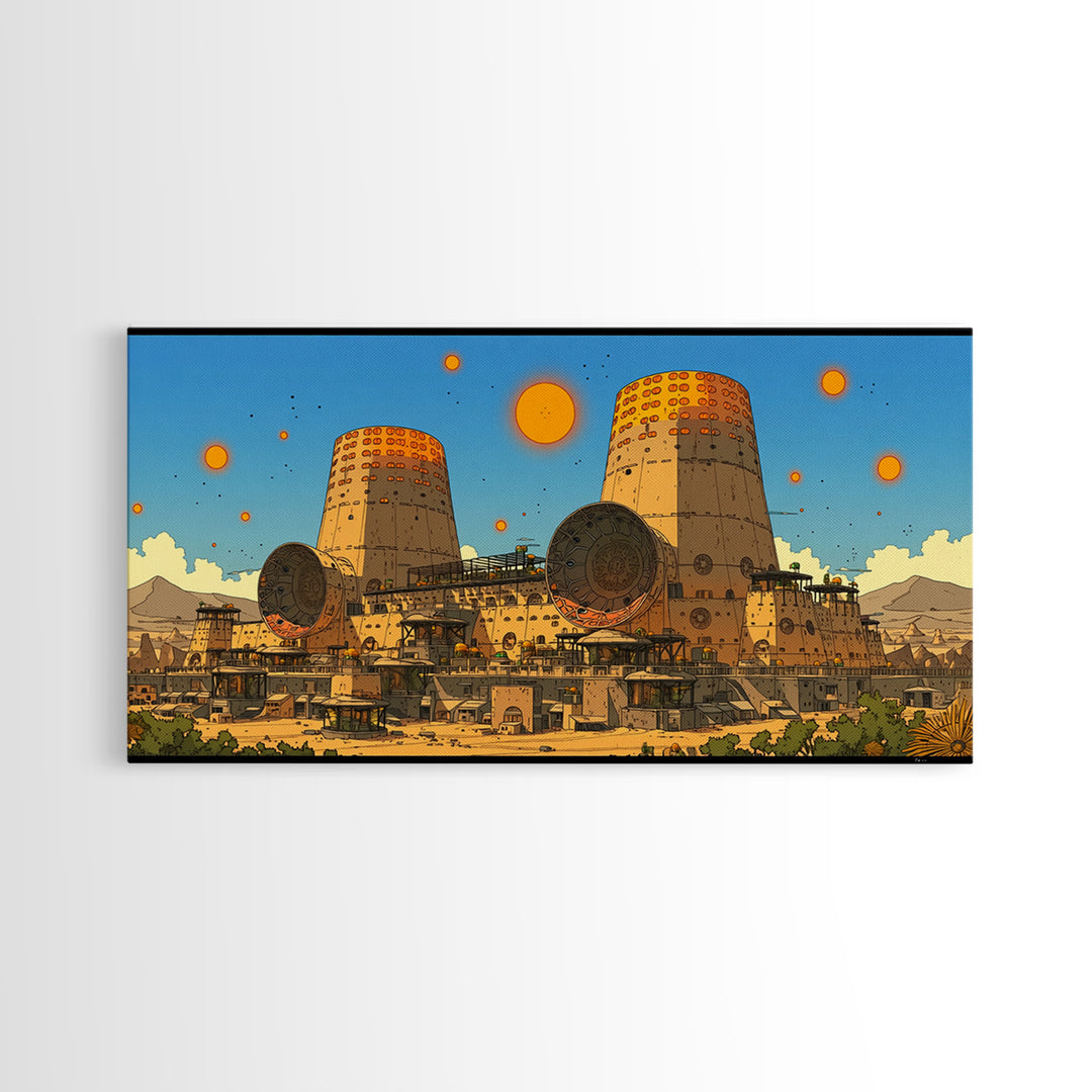 Desert Towers And Orange Suns Wall Art, Sci Fi African Inspired Settlement, Canvas Print, Modern Wall Decor, Unique Home Decor