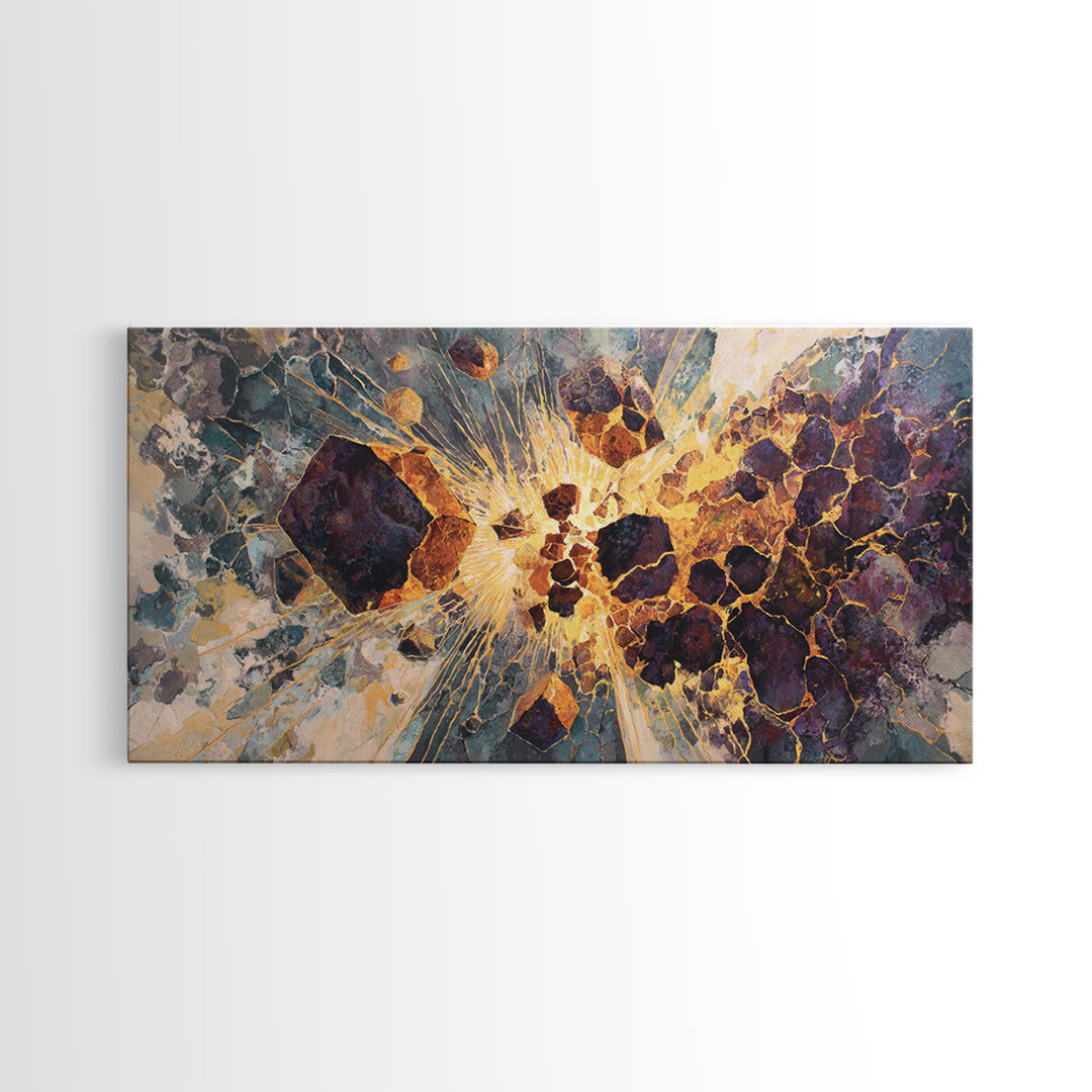 Exploding Gemstone Abstract Wall Art, Modern African Art Canvas Print, Gold Crackle Luxury Decor, Cosmic Statement Artwork