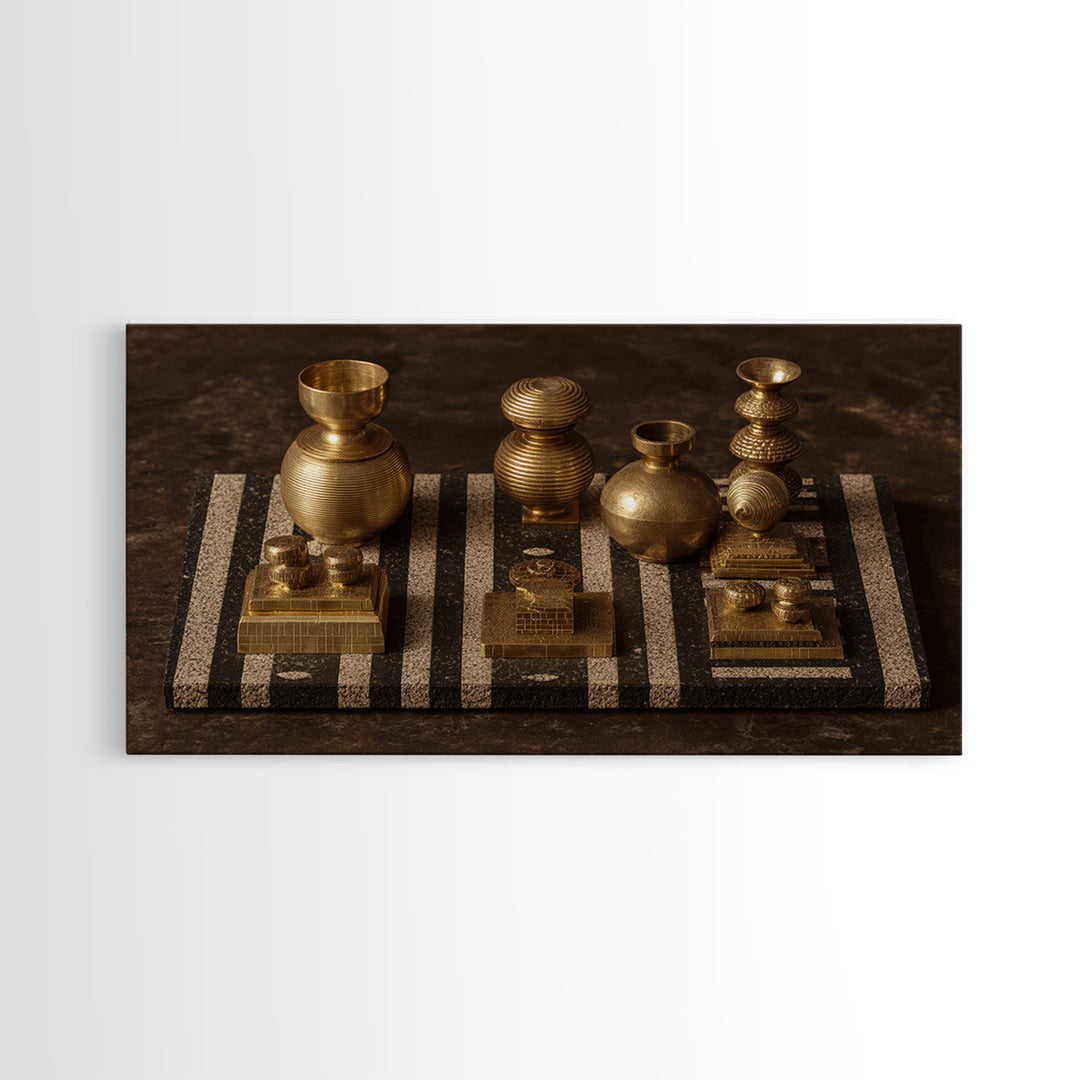 Golden Vessels On Striped Textile Wall Art, African Home Decor Canvas Print, Tribal Gold Still Life, Elegant Office Decor
