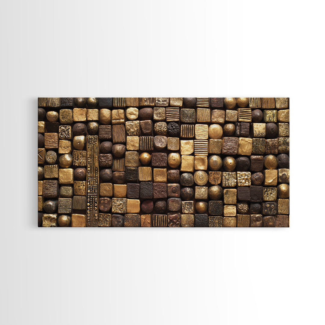 Bronze Gold Textured Mosaic Wall Art, Abstract African Art Canvas Print, Earth Tone Geometric Pattern, Bold Home Decor Gift