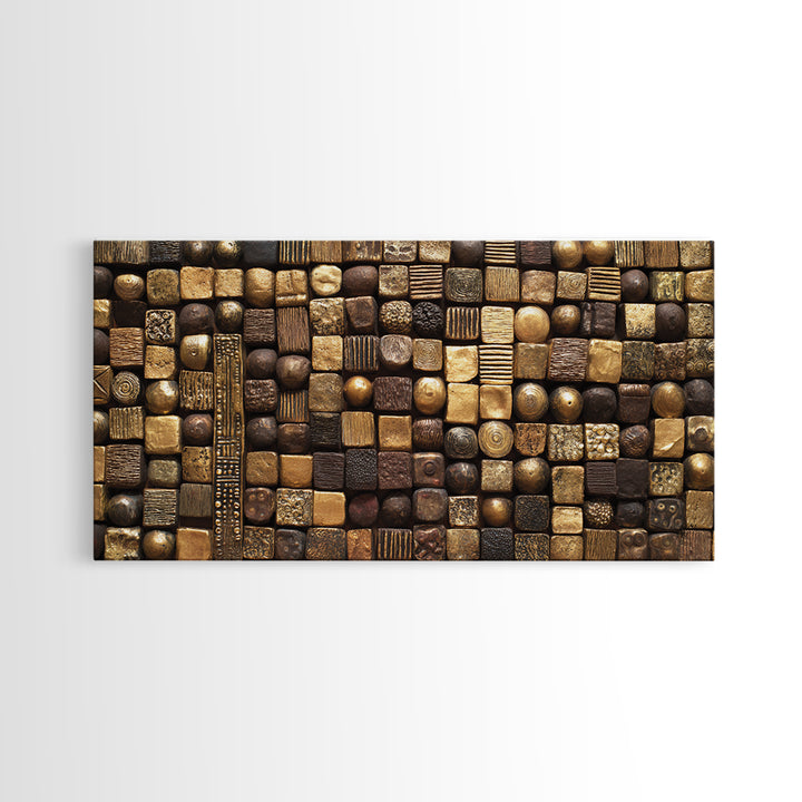 Bronze Gold Textured Mosaic Wall Art, Abstract African Art Canvas Print, Earth Tone Geometric Pattern, Bold Home Decor Gift