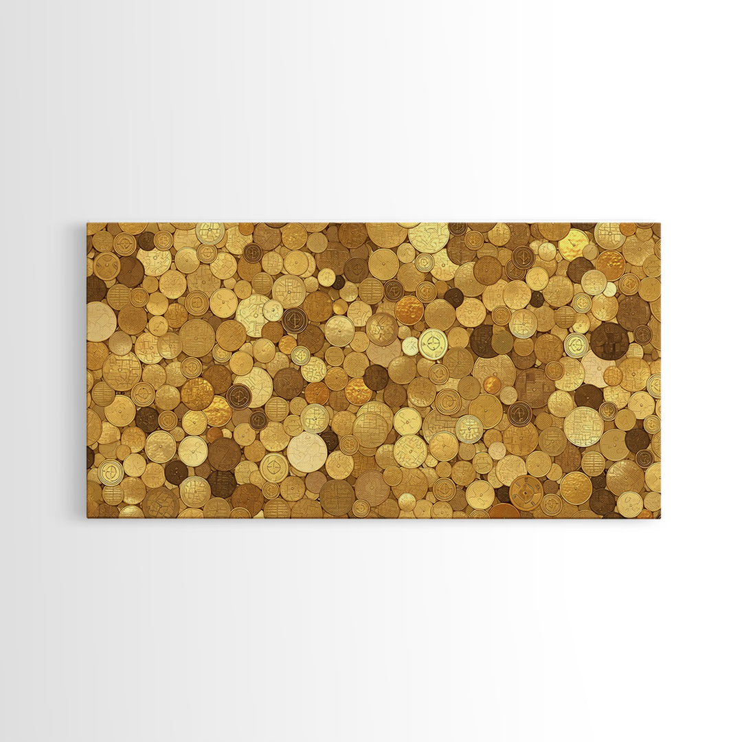 Golden Coin Disc Mosaic Wall Art, African Inspired Canvas Print, Textured Art Print, Gold Circle Pattern Home Decor Gift