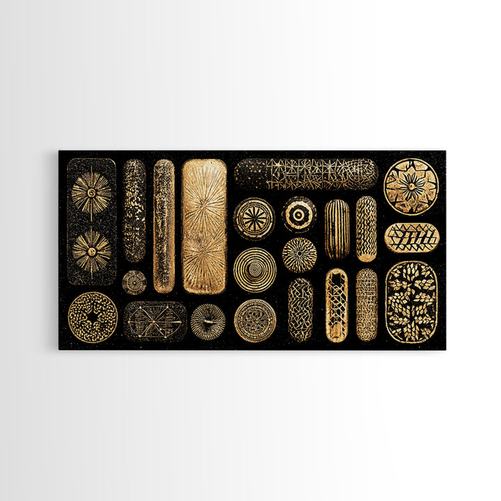 Black Gold Tribal Pattern Wall Art, African Abstract Canvas Print, Geometric Symbols, Luxury Statement Boho Home Decor Gift