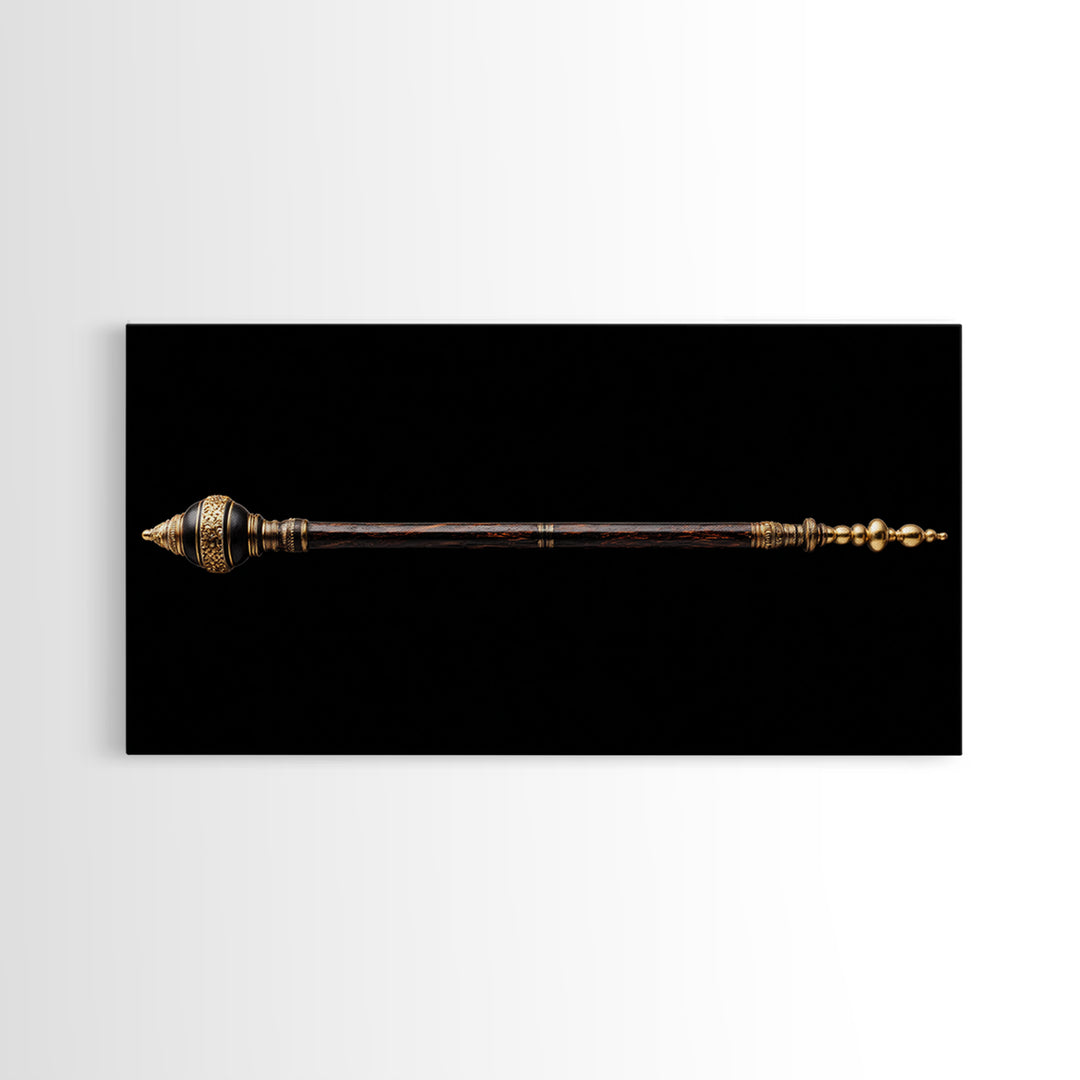 Ornate African Ceremonial Staff Wall Art, Tribal Artifact Canvas Print, Black Gold Scepter, Cultural Statement Decor Gift