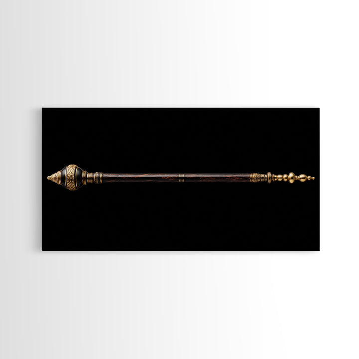 Ornate African Ceremonial Staff Wall Art, Tribal Artifact Canvas Print, Black Gold Scepter, Cultural Statement Decor Gift