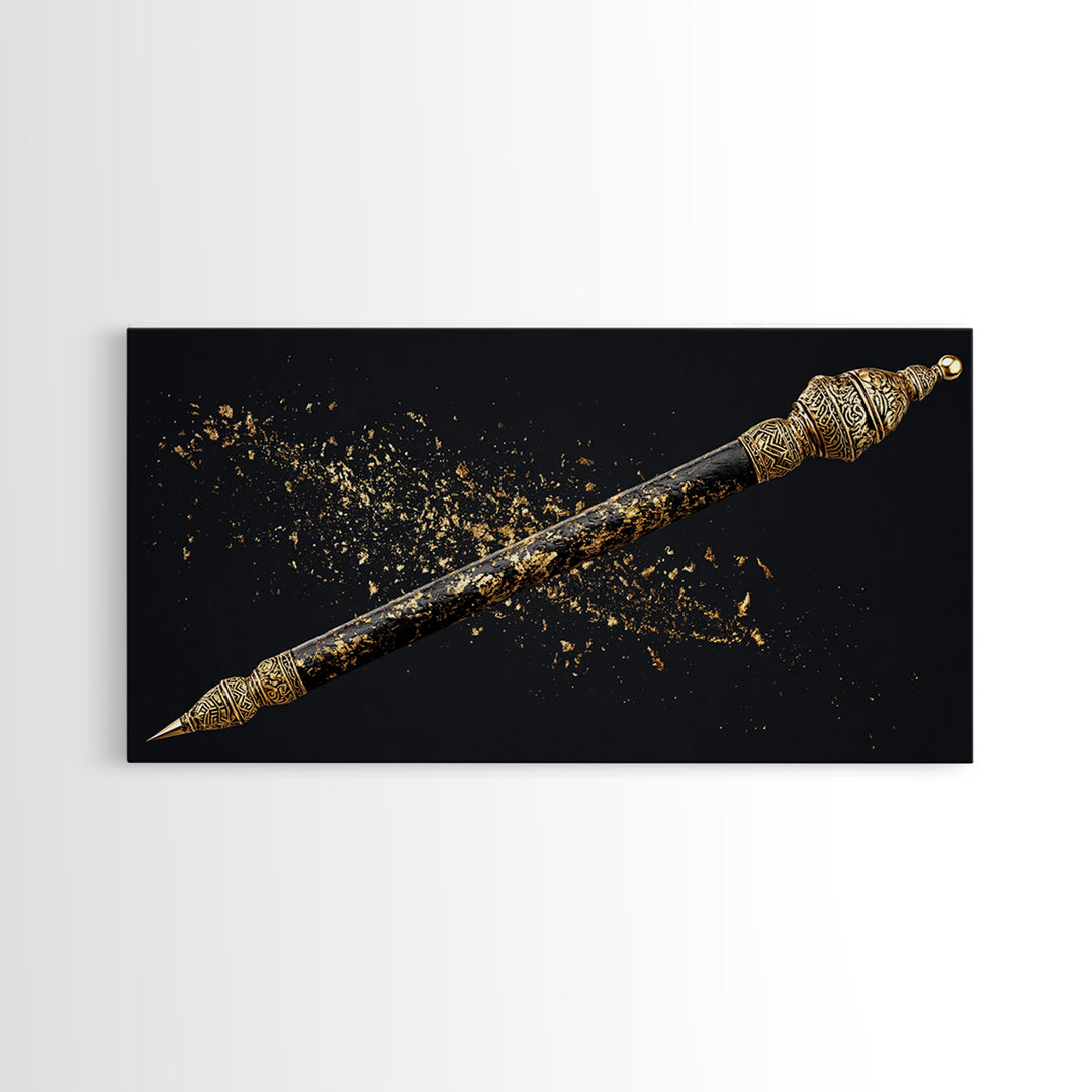 Ornate Black Gold Ceremonial Spear Canvas Print, African Warrior Art, Tribal Wall Decor, Afrocentric Luxury Home Decor Gift