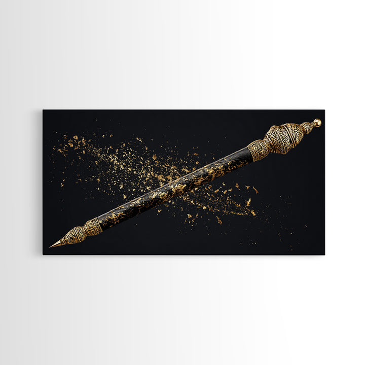 Ornate Black Gold Ceremonial Spear Canvas Print, African Warrior Art, Tribal Wall Decor, Afrocentric Luxury Home Decor Gift