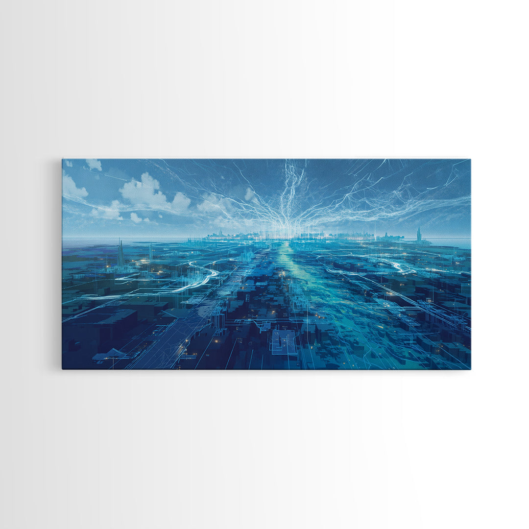 Blue Futuristic Digital Cityscape Wall Art, Afrofuturism Decor, Modern African Inspired Office Art, Luminous Skyline Print