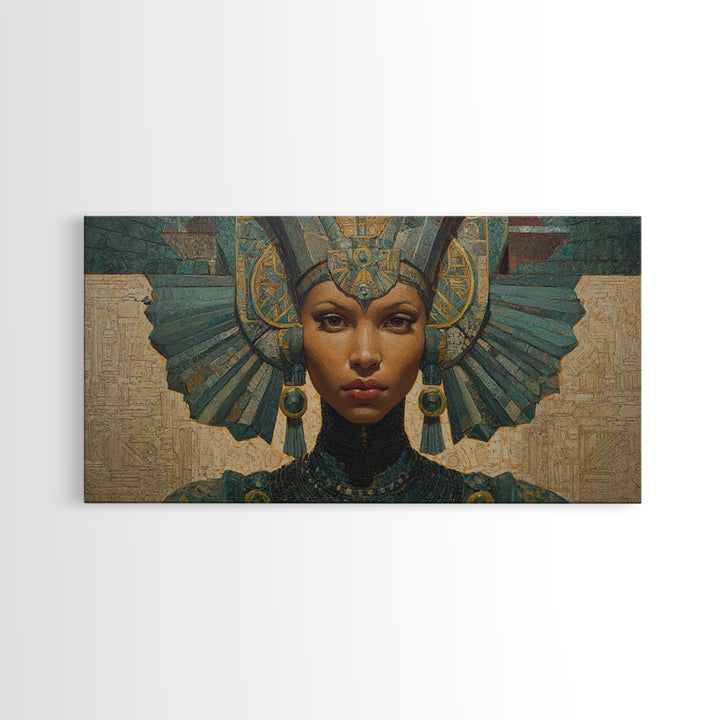 Regal Egyptian Queen Headdress Canvas Print, African Portrait Wall Art, Teal Gold Cultural Decor, Goddess Home Decor Gift