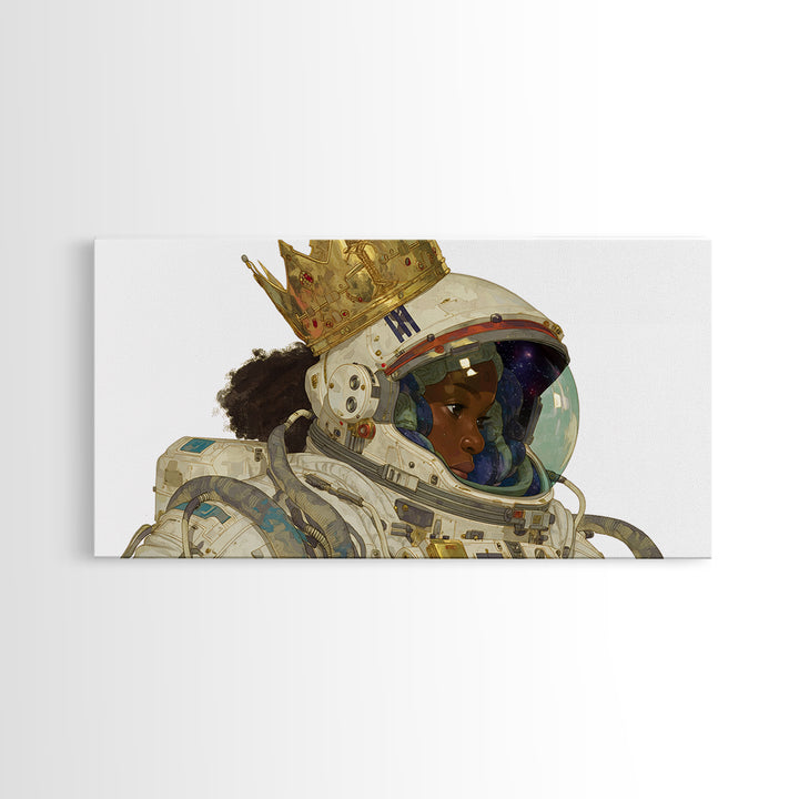 Crowned Black Girl Astronaut Framed Canvas Print, Afrofuturism Wall Art, Black Queen Portrait, Space Galaxy Home Decor Gift