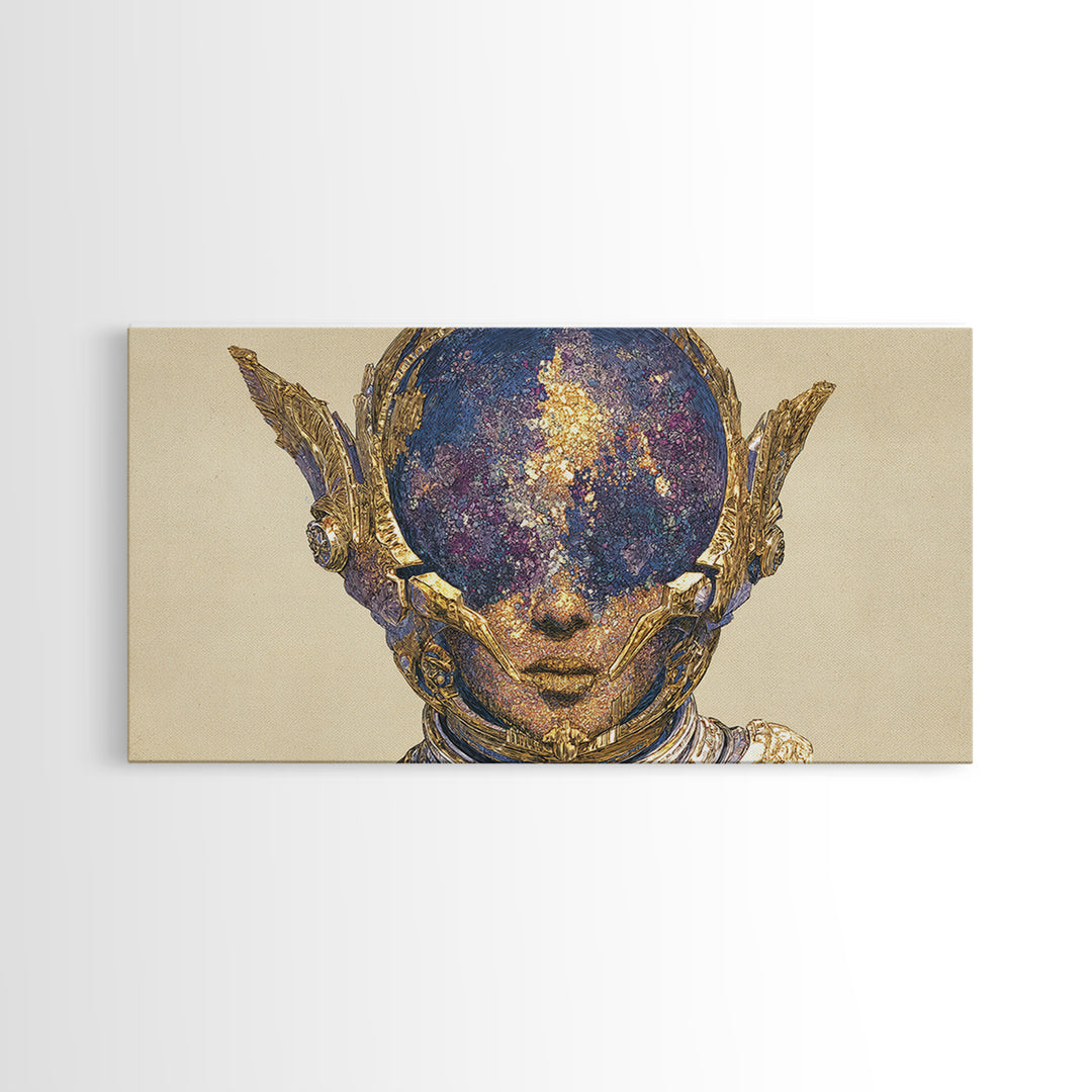Cosmic Gold Goddess Face Wall Art, African Abstract Portrait, Mystical Afrocentric Decor, Fantasy Figure Luxury Canvas Print