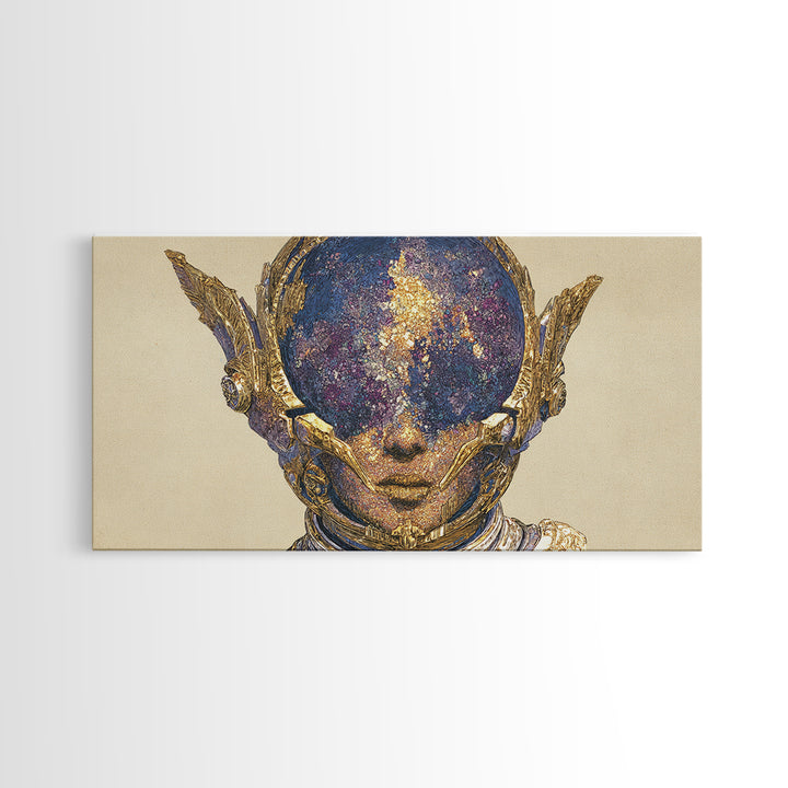 Cosmic Gold Goddess Face Wall Art, African Abstract Portrait, Mystical Afrocentric Decor, Fantasy Figure Luxury Canvas Print