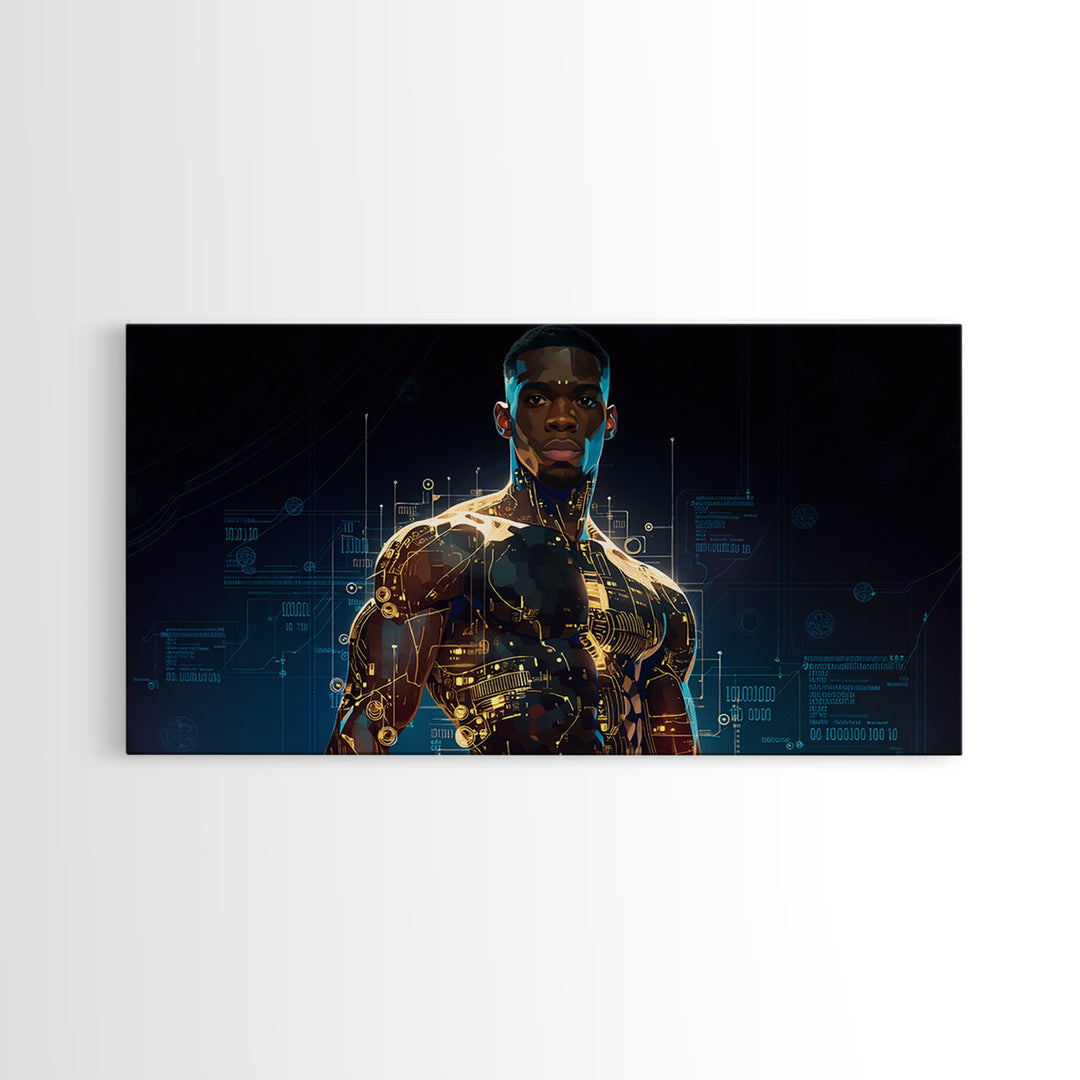 Powerful Black Cyborg Warrior Wall Art, Afrofuturism Decor, African American Art, Futuristic Tech Portrait Canvas Print Gift