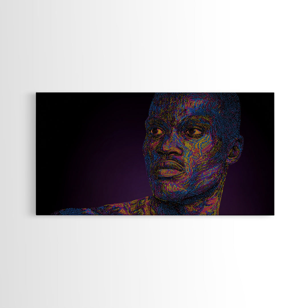 Neon Pointillist Black Man Portrait Canvas Print, African American Wall Art, Digital Afro Art, Modern Masculine Home Decor
