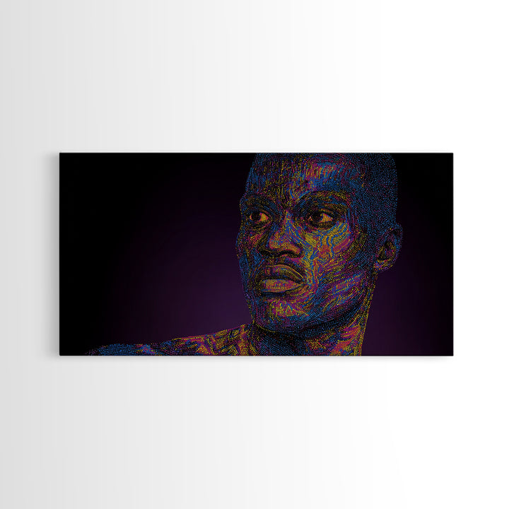 Neon Pointillist Black Man Portrait Canvas Print, African American Wall Art, Digital Afro Art, Modern Masculine Home Decor