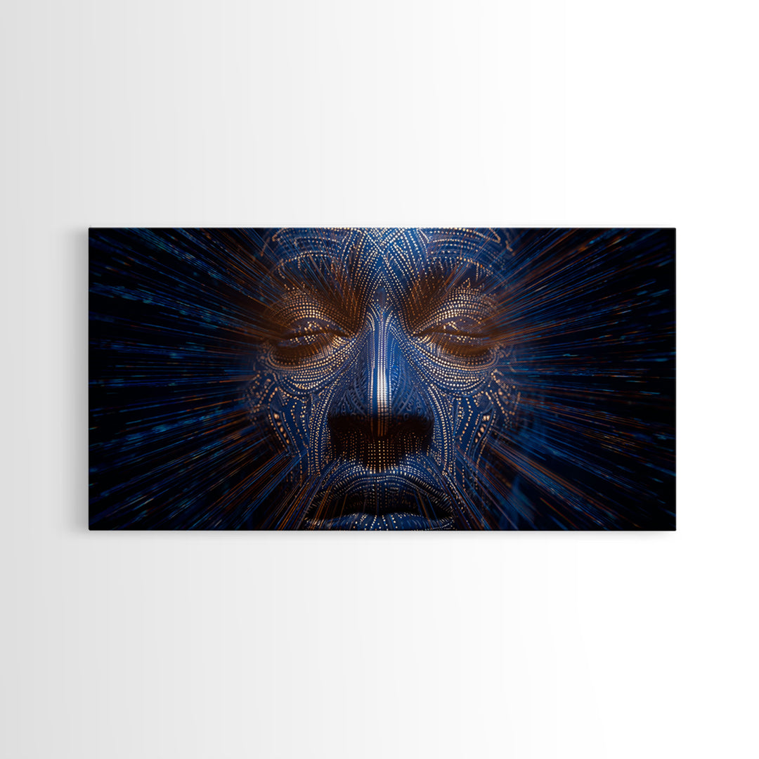 Blue Orange Digital Tribal Face Wall Art, African Mask Art, Afrofuturism Decor, Abstract Black Art, Statement Canvas Print