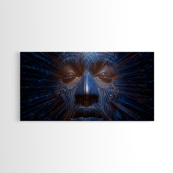 Blue Orange Digital Tribal Face Wall Art, African Mask Art, Afrofuturism Decor, Abstract Black Art, Statement Canvas Print